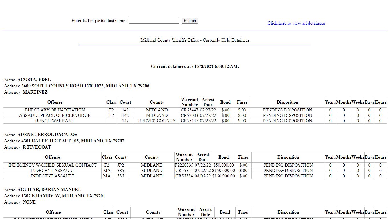 Midland County Sheriffs Office - Currently Held Detainees